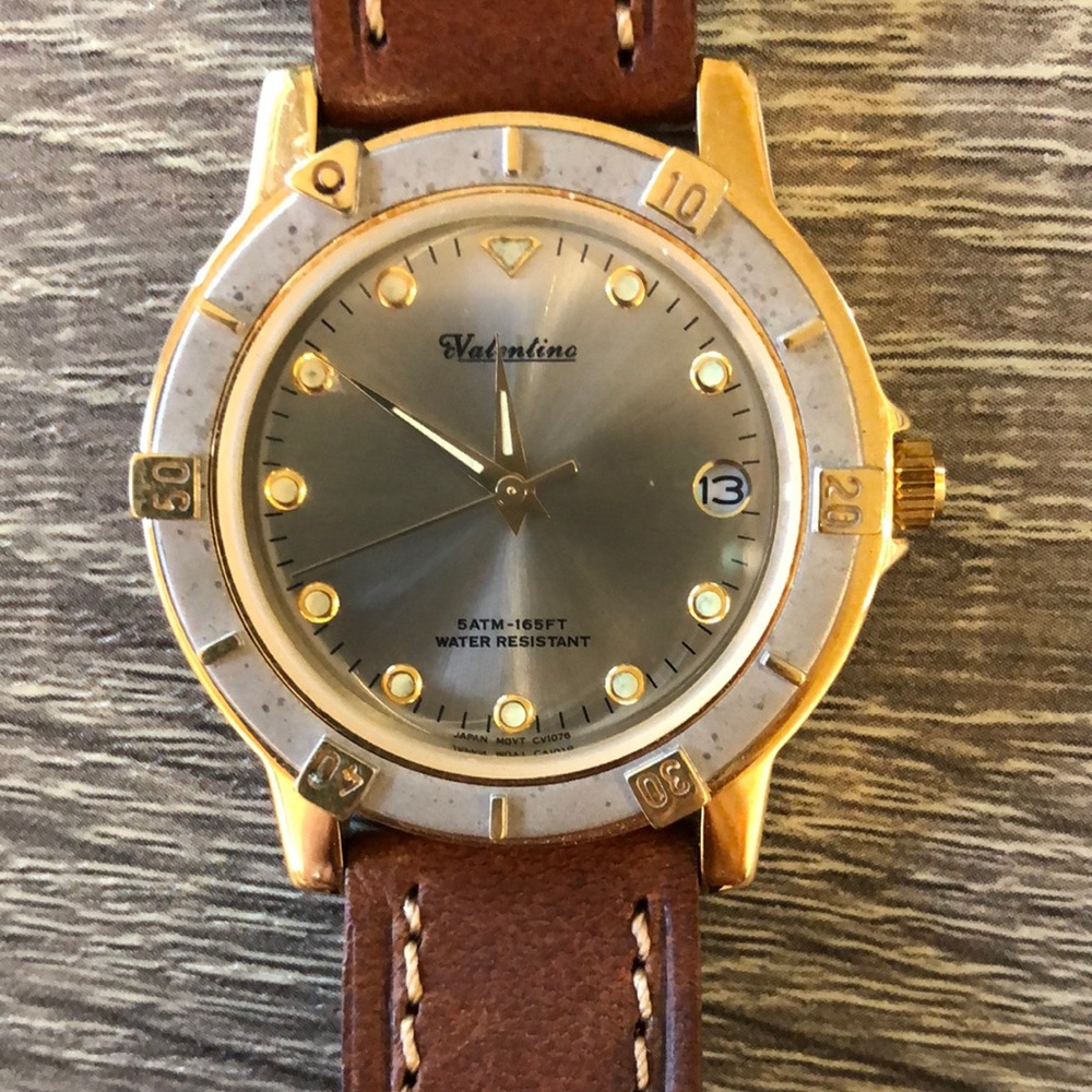Vintage Valentino Watch 80s Genuine Designer Gold Face Brown Leather Strap!